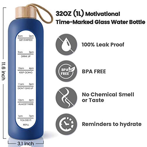 PROBTTL 32 Oz Borosilicate Glass Water Bottle with Time Marker Reminder Quotes, 1 Liter Leak Proof Reusable BPA Free Motivational Water Bottles with Silicone Sleeve and Bamboo Lid (Navy Blue) - Image 2