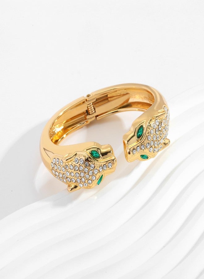 WOWORAMA Gold Panther Bracelets for Women Double Leopard Head Bangle Bracelets Crystal Chunky Hinged Cuff Bracelet Vintage Animal Leopard Statement Bracelet - Image 4