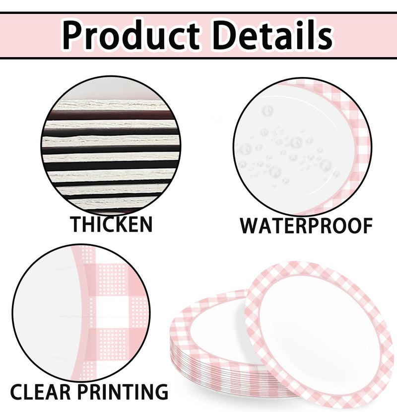 HEIPINIUYE 50 Pieces Light Pink Gingham Oval Paper Plates 10 X 12 Inch Pink and White Plates Disposable Dinner Plates for Picnic Wedding Baby Shower Birthday Party Dessert Plates - Image 3