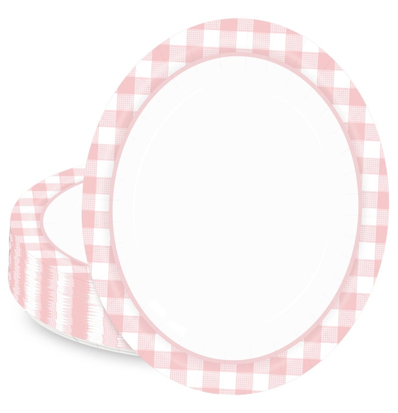 HEIPINIUYE 50 Pieces Light Pink Gingham Oval Paper Plates 10 X 12 Inch Pink and White Plates Disposable Dinner Plates for Picnic Wedding Baby Shower Birthday Party Dessert Plates - Image 1