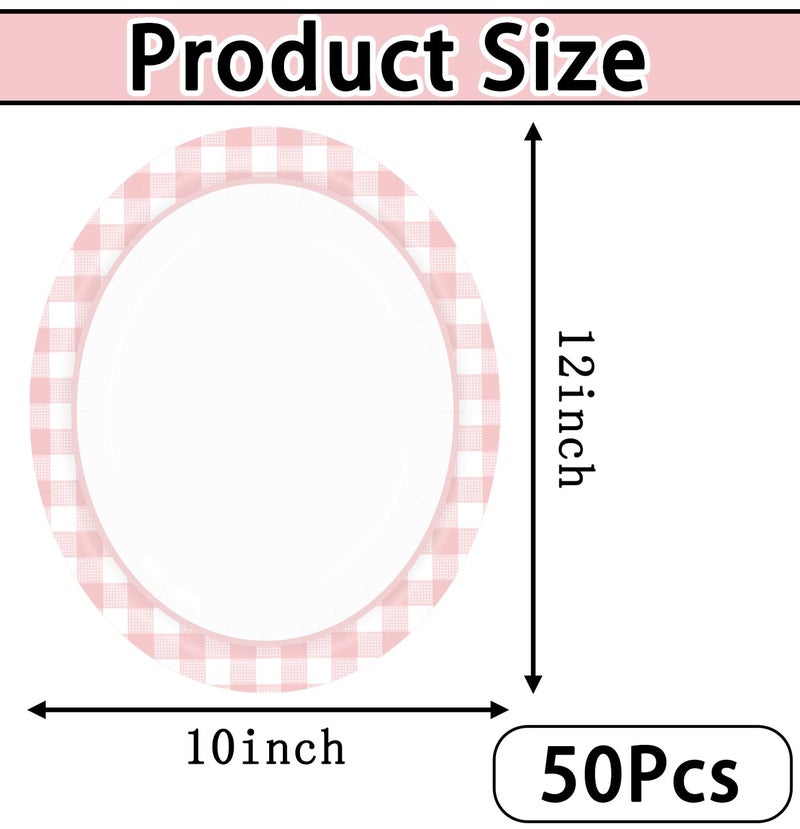 HEIPINIUYE 50 Pieces Light Pink Gingham Oval Paper Plates 10 X 12 Inch Pink and White Plates Disposable Dinner Plates for Picnic Wedding Baby Shower Birthday Party Dessert Plates - Image 2