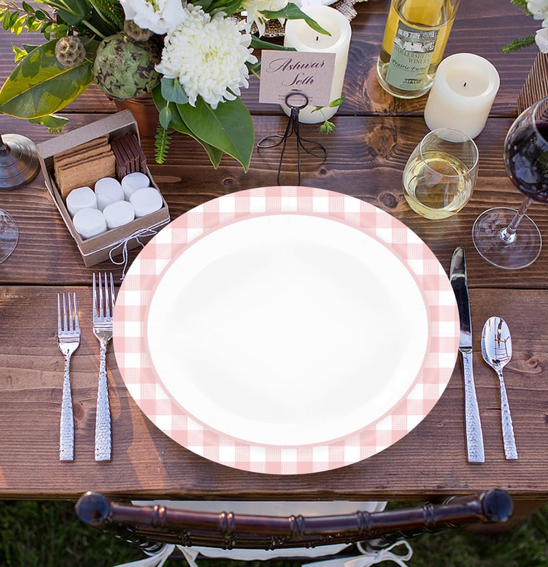 HEIPINIUYE 50 Pieces Light Pink Gingham Oval Paper Plates 10 X 12 Inch Pink and White Plates Disposable Dinner Plates for Picnic Wedding Baby Shower Birthday Party Dessert Plates - Image 4