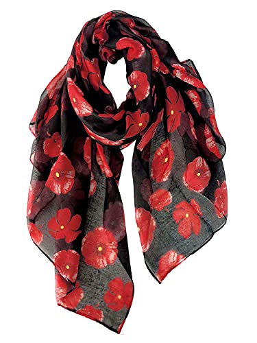 GERINLY Red Poppy Print Black Scarf Ladies Floral Hijab Head Wrap for Veterans Gifts Memorial Accessory - Image 1