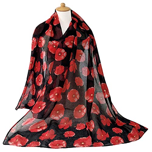 GERINLY Red Poppy Print Black Scarf Ladies Floral Hijab Head Wrap for Veterans Gifts Memorial Accessory - Image 4