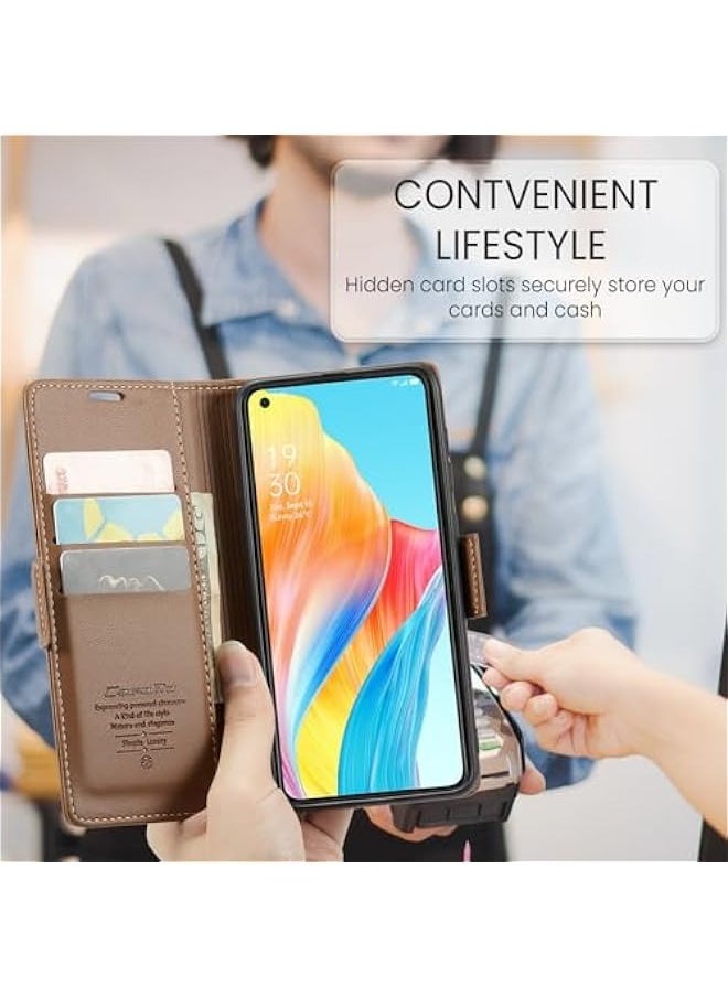 ماركة غير محددة حافظة Oppo A78 4G بحجب RFID وحامل بطاقة من الجلد المتين وإغلاق مغناطيسي ومضاد للصدمات وقابلة للطي - بني.  - Image 5