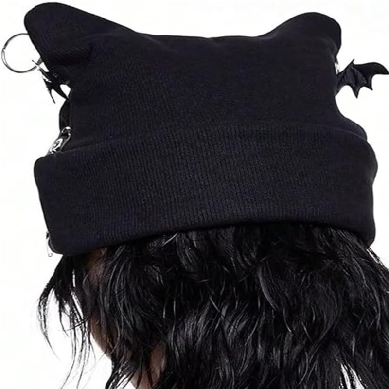 Punk Cross Hat: Black Knitted Cat Ear Bat Wing - Cool Eye-catching Winter Hat for Outdoor Streetwear Gothic Women - Image 4