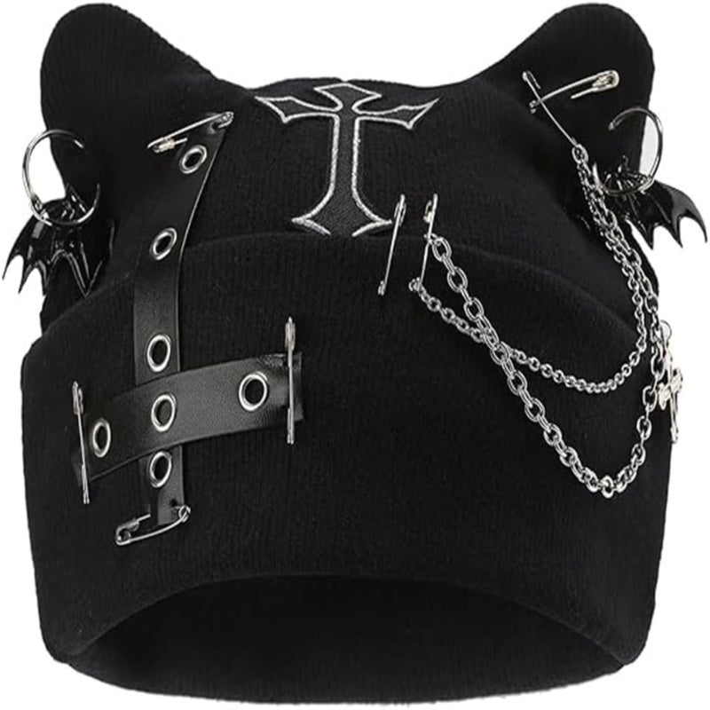 Punk Cross Hat: Black Knitted Cat Ear Bat Wing - Cool Eye-catching Winter Hat for Outdoor Streetwear Gothic Women - Image 1