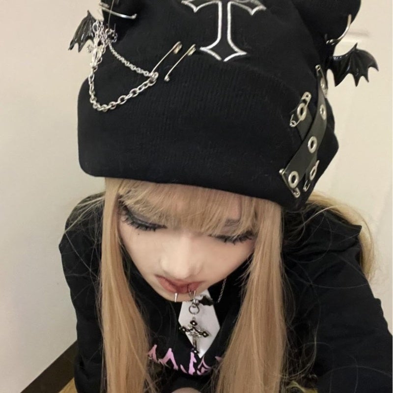 Punk Cross Hat: Black Knitted Cat Ear Bat Wing - Cool Eye-catching Winter Hat for Outdoor Streetwear Gothic Women - Image 3
