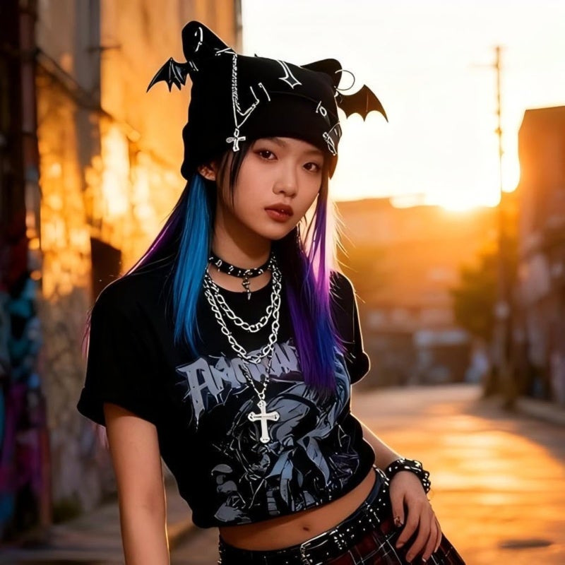 Punk Cross Hat: Black Knitted Cat Ear Bat Wing - Cool Eye-catching Winter Hat for Outdoor Streetwear Gothic Women - Image 2