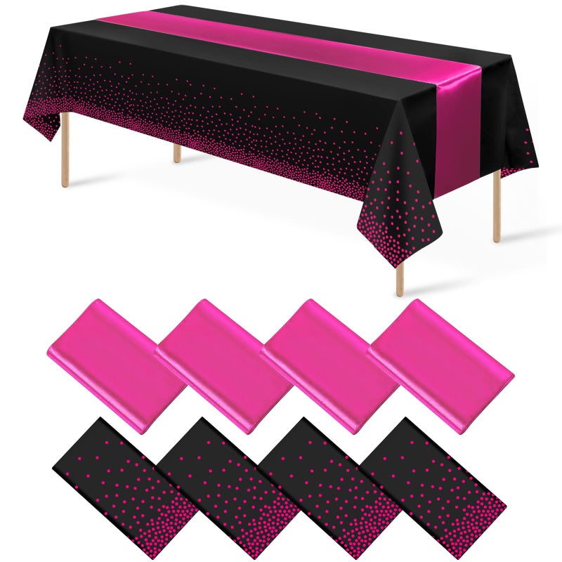 MASHAN 8Pack Disposable Plastic Party Tablecloths and Satin Table Runner Set Black Hot Pink Dot Table Cloth Hot Pink Satin Table Runner for Wedding Birthday Baby Shower Anniversary Holiday Party Decorations - Image 1