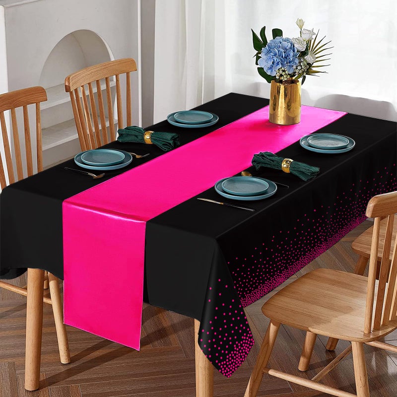 MASHAN 8Pack Disposable Plastic Party Tablecloths and Satin Table Runner Set Black Hot Pink Dot Table Cloth Hot Pink Satin Table Runner for Wedding Birthday Baby Shower Anniversary Holiday Party Decorations - Image 4