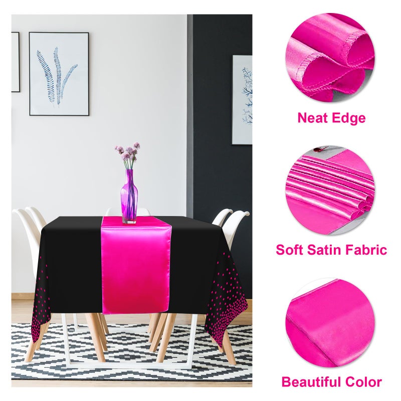 MASHAN 8Pack Disposable Plastic Party Tablecloths and Satin Table Runner Set Black Hot Pink Dot Table Cloth Hot Pink Satin Table Runner for Wedding Birthday Baby Shower Anniversary Holiday Party Decorations - Image 3