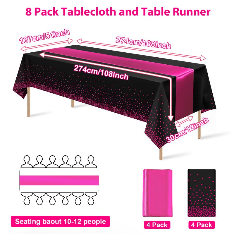 MASHAN 8Pack Disposable Plastic Party Tablecloths and Satin Table Runner Set Black Hot Pink Dot Table Cloth Hot Pink Satin Table Runner for Wedding Birthday Baby Shower Anniversary Holiday Party Decorations - Image 2