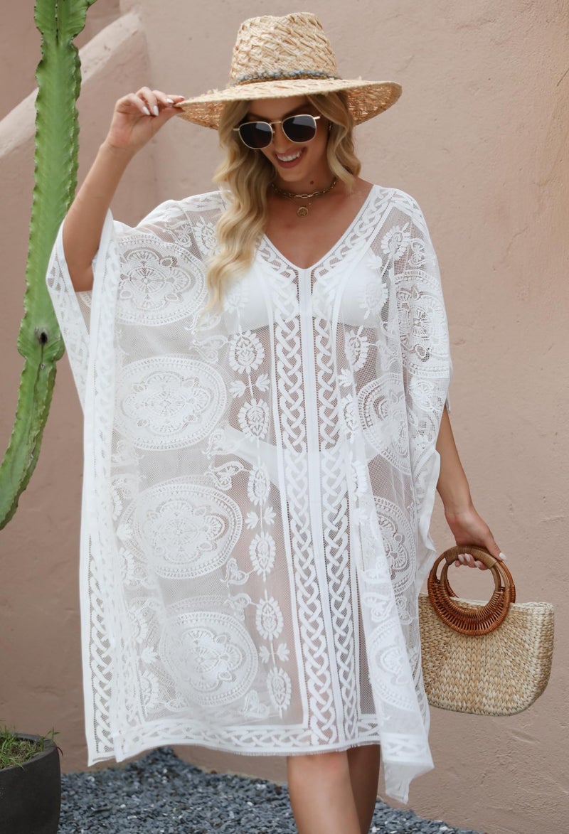 colornival Women's Swimwear Cover-Up for Beach and Pool, Lace V-Neck Swimsuit Dress, Bikini Cover-Up (White) - Image 3