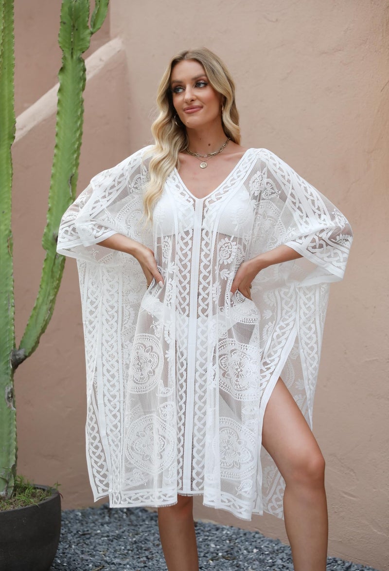 colornival Women's Swimwear Cover-Up for Beach and Pool, Lace V-Neck Swimsuit Dress, Bikini Cover-Up (White) - Image 4