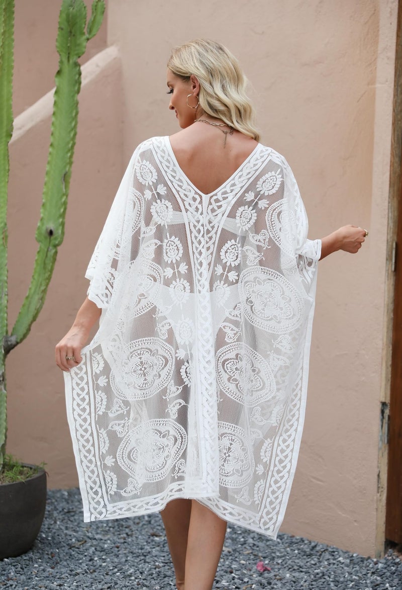 colornival Women's Swimwear Cover-Up for Beach and Pool, Lace V-Neck Swimsuit Dress, Bikini Cover-Up (White) - Image 5