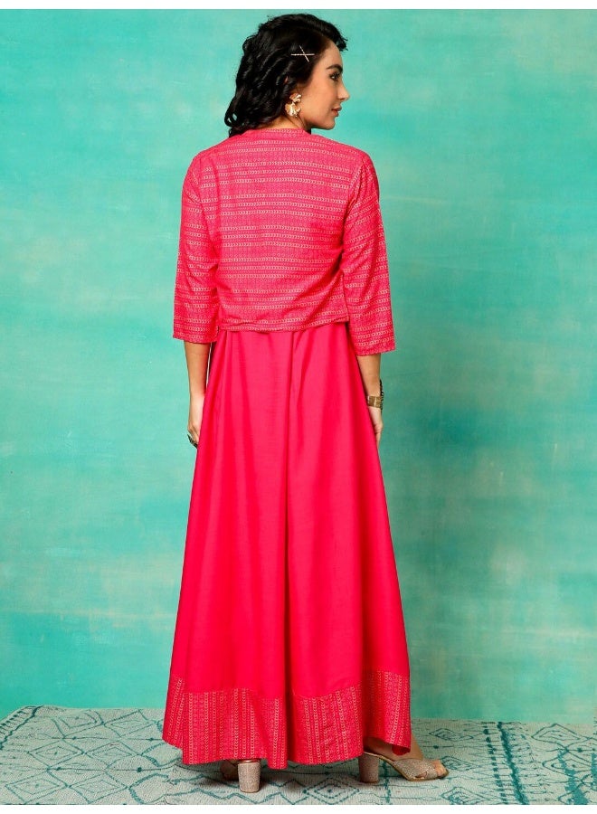 AKS Pink Gold Printed Flared Maxi With Jacket - Image 4