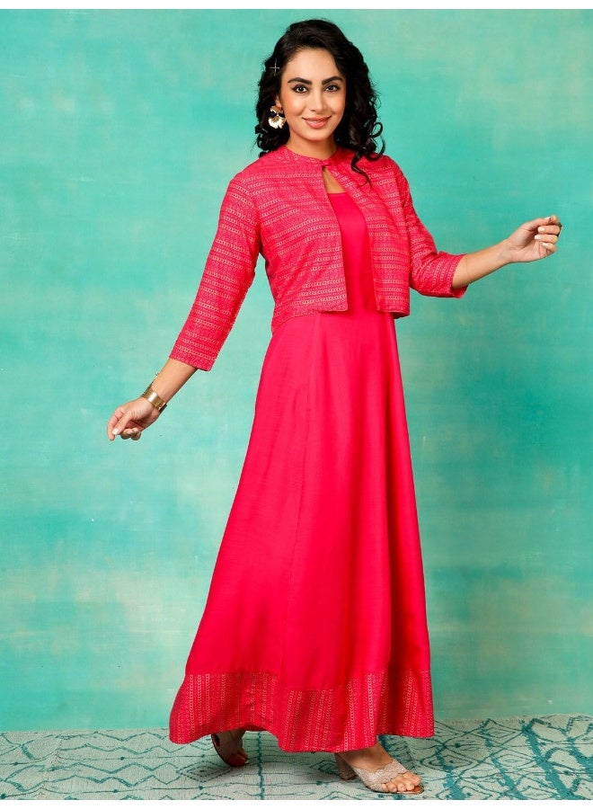 AKS Pink Gold Printed Flared Maxi With Jacket - Image 3