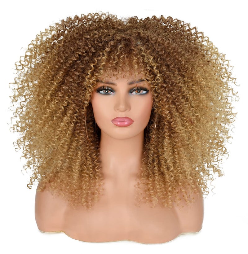 ANNISOUL 16Inch Curly Wigs for Black Women Ombre Blonde Afro Bomb Curly Wig with Bangs Synthetic Fiber Glueless Long Kinky Curly Hair