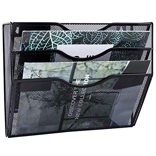 EASEPRES 3 Pocket Mesh Hanging Wall File Organizer, Wall Mounted Mail Paper Document Folder Holder, Clipboard Storage Organization Magazine Rack with Nametag Label for Office Home School, Black - Image 2