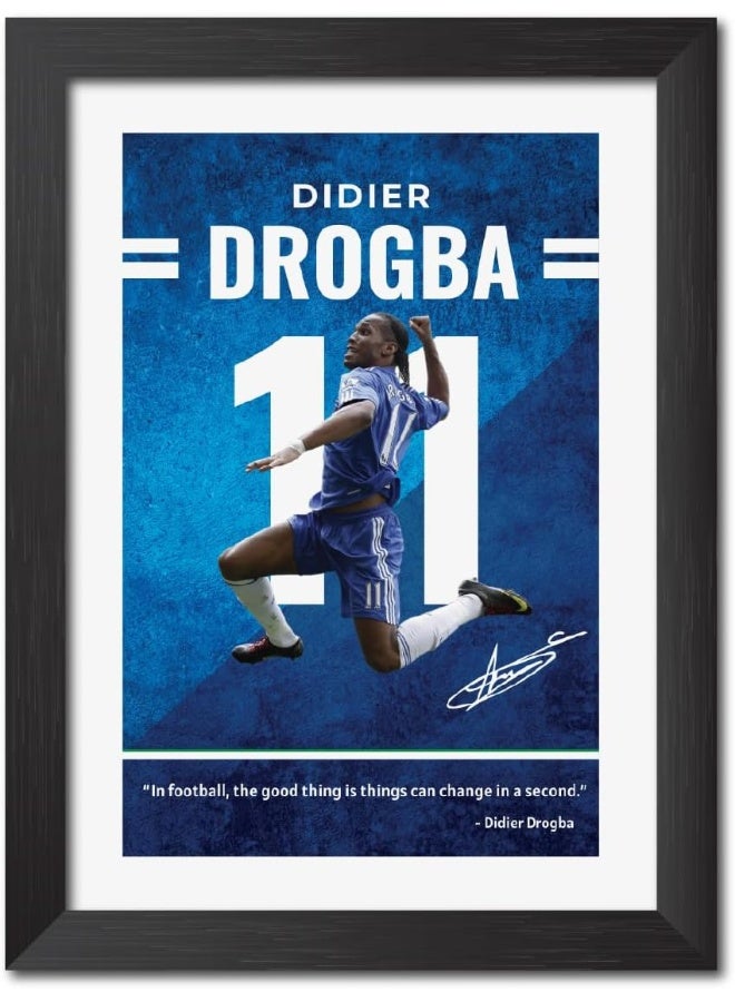 TenorArts Didier Drogba Posters Frame Chelsea Legend Laminated Photo Print Framed Painting with Matt Finish Black Textures (12 inches x 9 inches) - Image 1