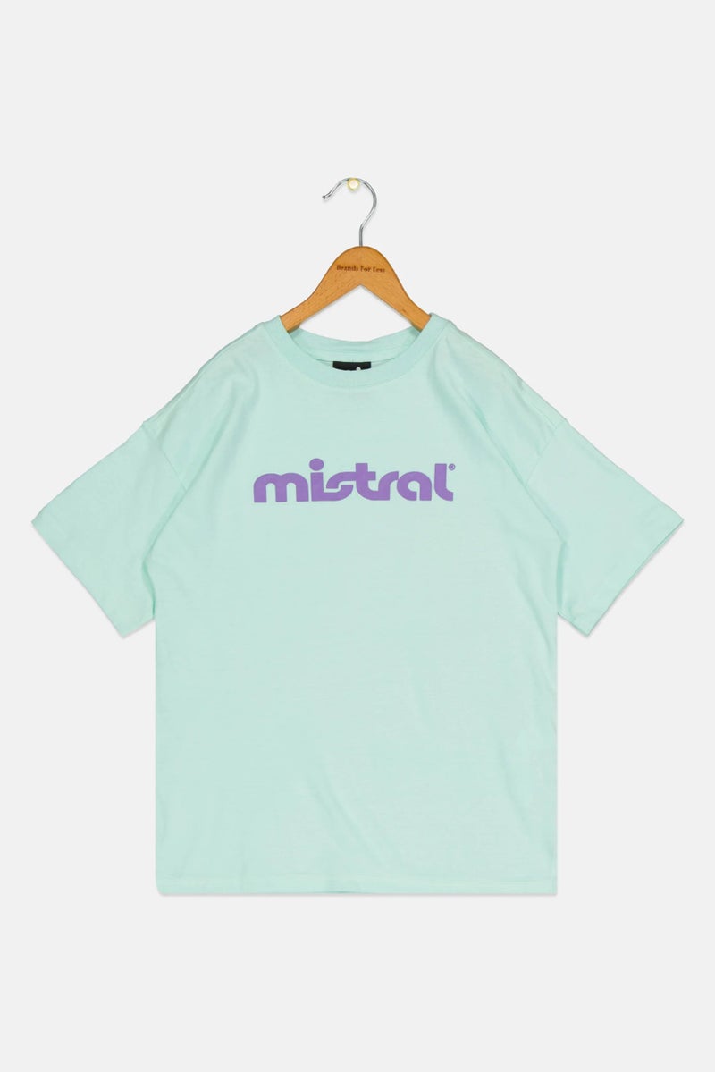 mistral Kids Girl Crew Neck Short Sleeve Brand Logo T-Shirt, Mint Green - Image 2