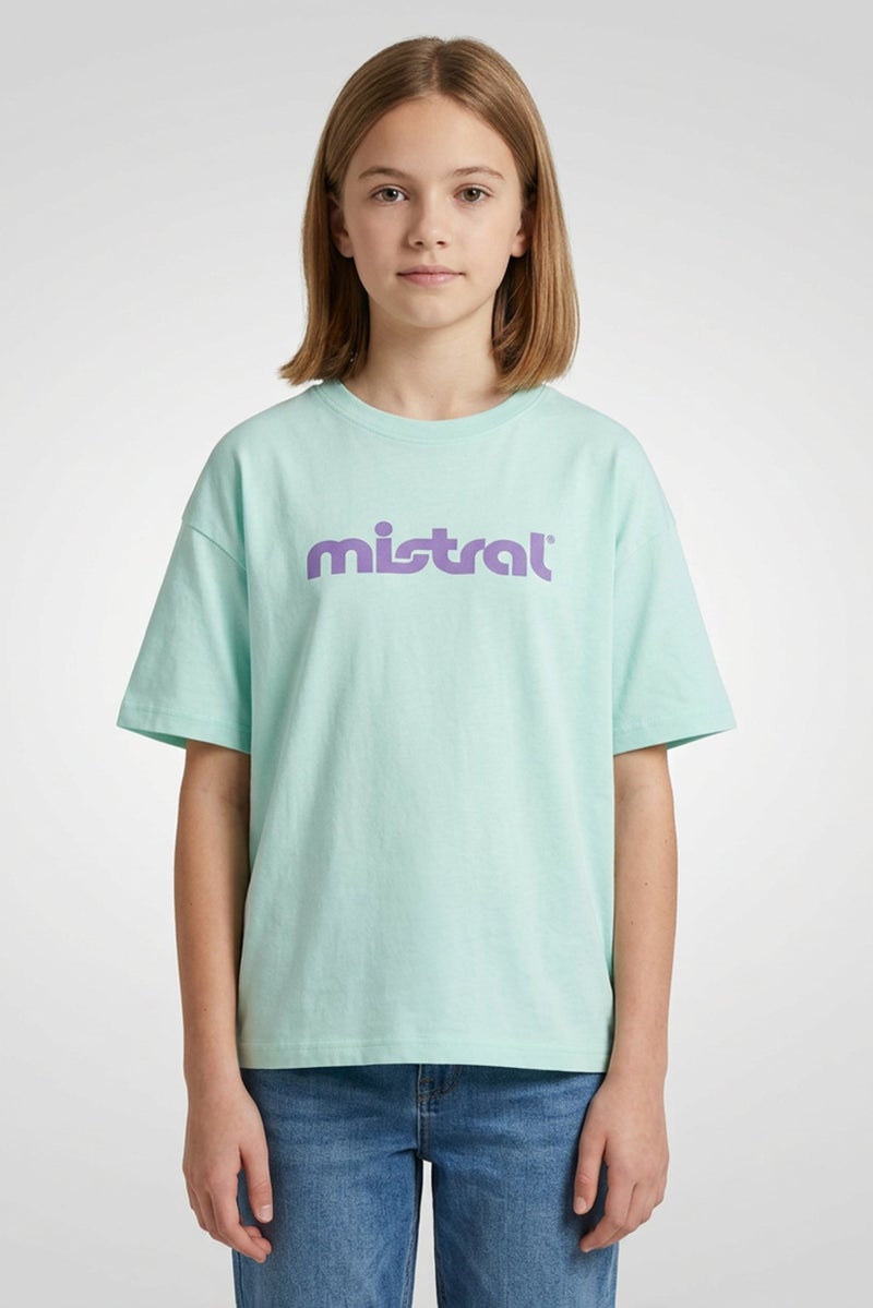 mistral Kids Girl Crew Neck Short Sleeve Brand Logo T-Shirt, Mint Green - Image 1