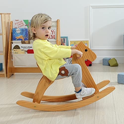 KRAND Rocking Horse Wooden Ride On Toy for Kids Classic Design Rocking Horse with Pedal and Safe Backrest Fine WorkmanshipClassic Natural - Image 5