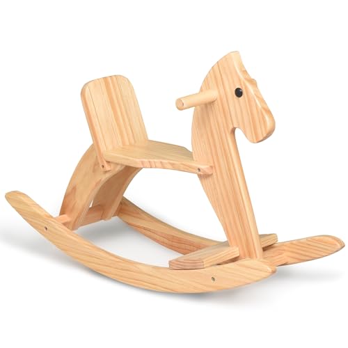 KRAND Rocking Horse Wooden Ride On Toy for Kids Classic Design Rocking Horse with Pedal and Safe Backrest Fine WorkmanshipClassic Natural - Image 1