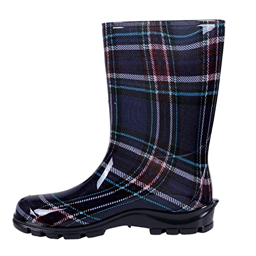 Asgard Women's Mid Calf Rain Boots Buffalo Plaid Short Waterproof Garden Shoes Navy 38 (7.5) - Image 3