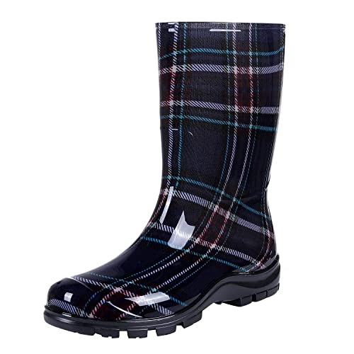 Asgard Women's Mid Calf Rain Boots Buffalo Plaid Short Waterproof Garden Shoes Navy 38 (7.5) - Image 1