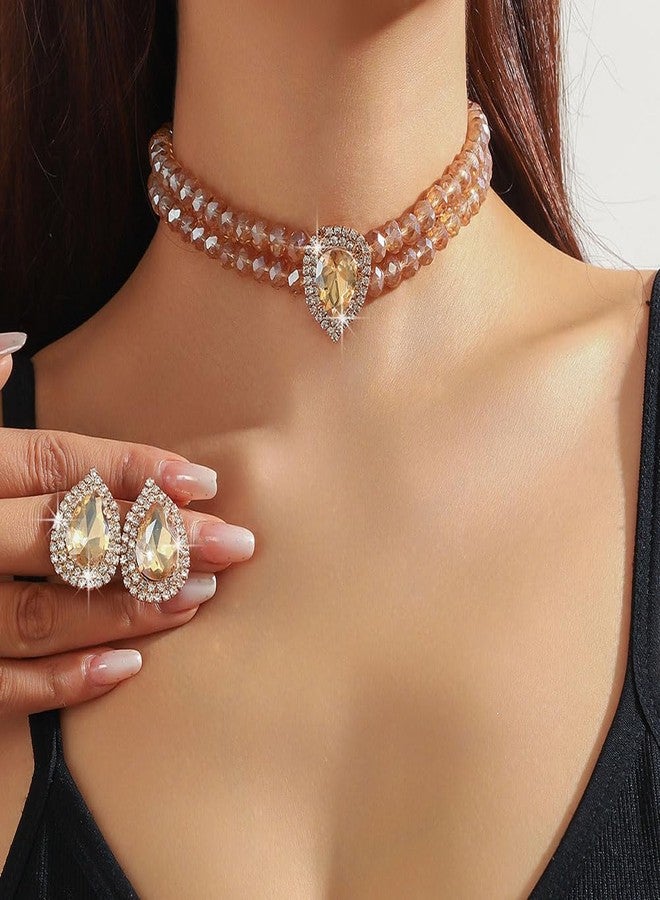 ميس غرايس طقم عقد وأقراط Missgrace Vintage Boho Bride Wedding Black Red Blue Large Party RHIND RANKES TRANEDRO RANKES Layered Choker and Earrings For Women (Champagne) - Image 2