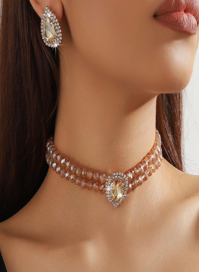 ميس غرايس طقم عقد وأقراط Missgrace Vintage Boho Bride Wedding Black Red Blue Large Party RHIND RANKES TRANEDRO RANKES Layered Choker and Earrings For Women (Champagne) - Image 4