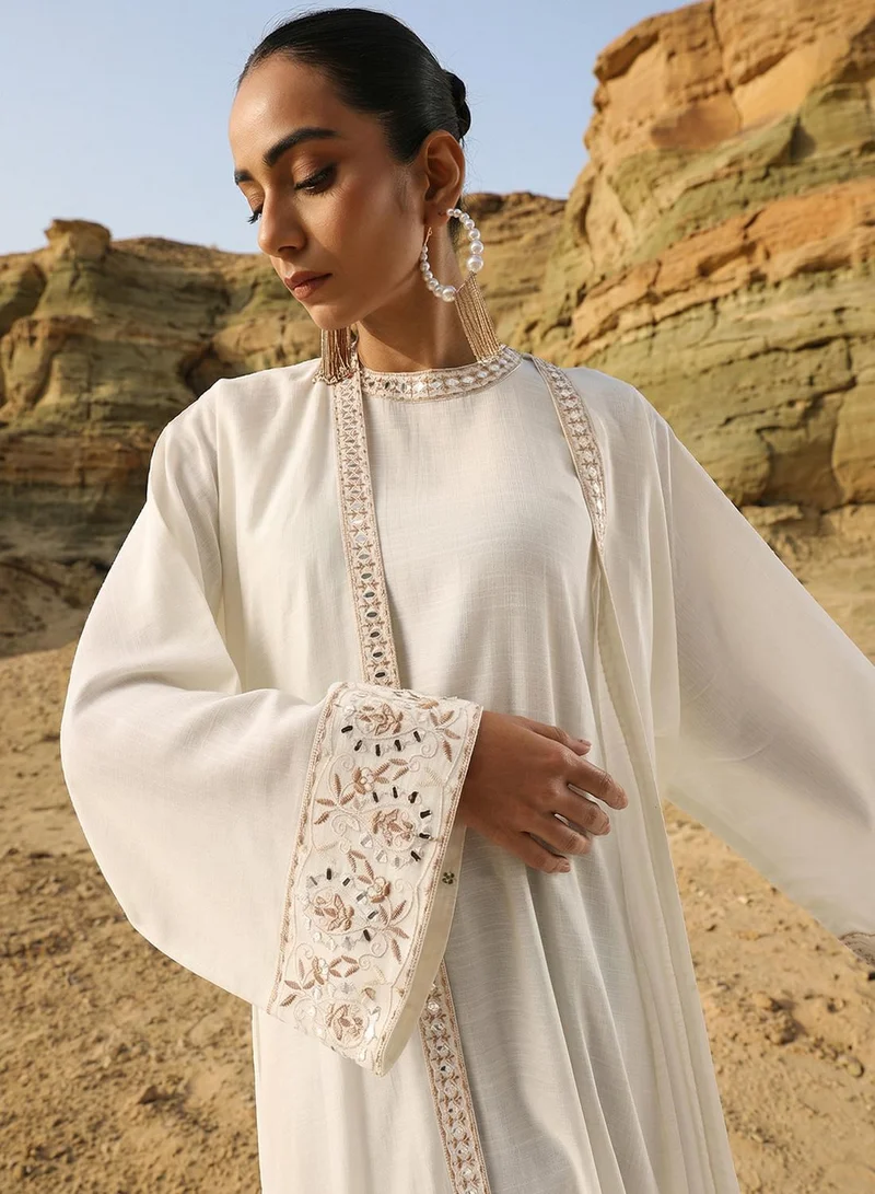ISHIN  Off White Mirror Embroidered Layered Abaya for Women | Best Price UAE