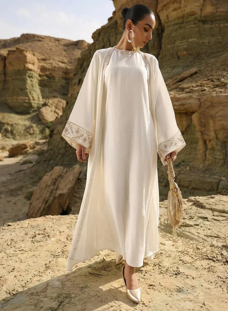 ISHIN  Off White Mirror Embroidered Layered Abaya for Women | Best Price UAE