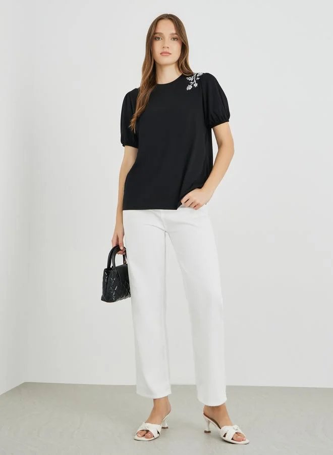 تايك تو Take Two Embroidered Round Neck Short Sleeve T-Shirt