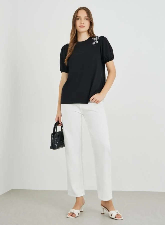 Take Two Embroidered Round Neck Short Sleeve T-Shirt