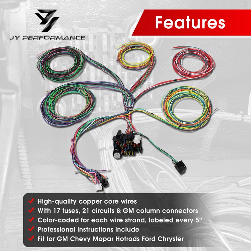 JY PERFORMANCE Universal 21 Circuit Wiring Harness Kit Extra Long Wire Standard Color 17 Fuses for GM Chevy Mopar Hotrods Ford Chrysler - Image 2