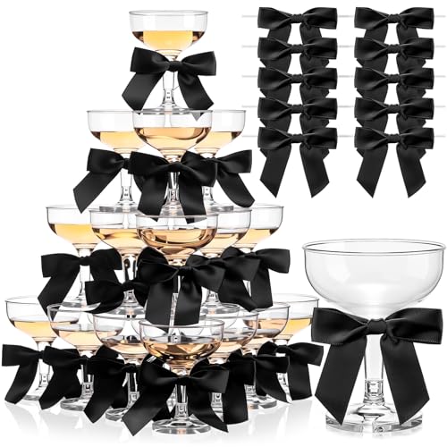 Zopeal 30 Set Champagne Tower Champagne Coupe Cocktail Glasses 5 oz with Satin Bows 35 Inch Plastic Margarita Espresso Martini Glasses for a Tiny Bit Older Valentines Birthday Party Black Bow - Image 1