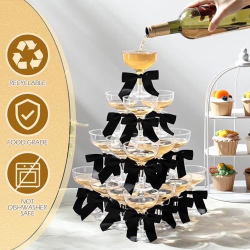 Zopeal 30 Set Champagne Tower Champagne Coupe Cocktail Glasses 5 oz with Satin Bows 35 Inch Plastic Margarita Espresso Martini Glasses for a Tiny Bit Older Valentines Birthday Party Black Bow - Image 3