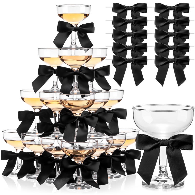 Zopeal 30 Set Champagne Tower Champagne Coupe Cocktail Glasses 5 oz with Satin Bows 35 Inch Plastic Margarita Espresso Martini Glasses for a Tiny Bit Older Valentines Birthday Party Black Bow - Image 2