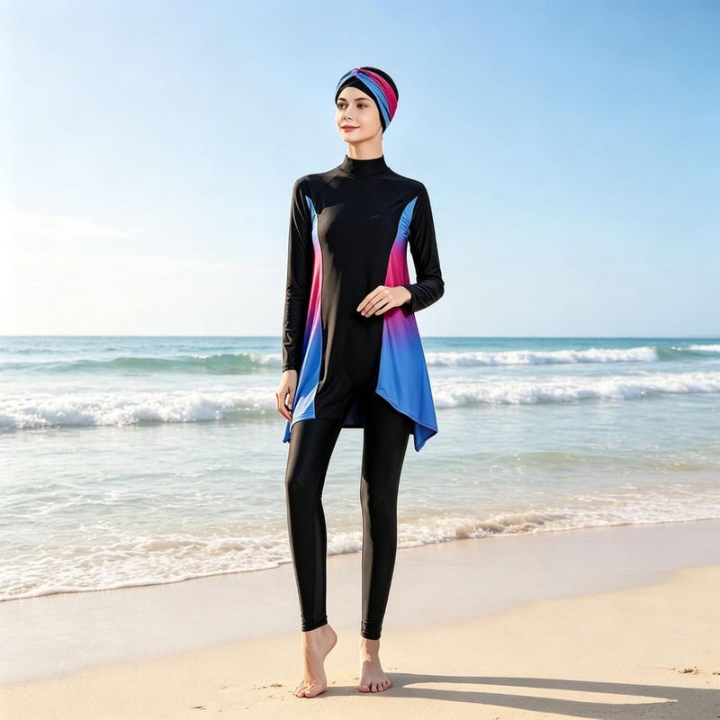 Women's Muslim swimsuits for beach and pool use, polyester-spandex blend, navy blue, UPF 50+ sun protection and secure fit - Image 3