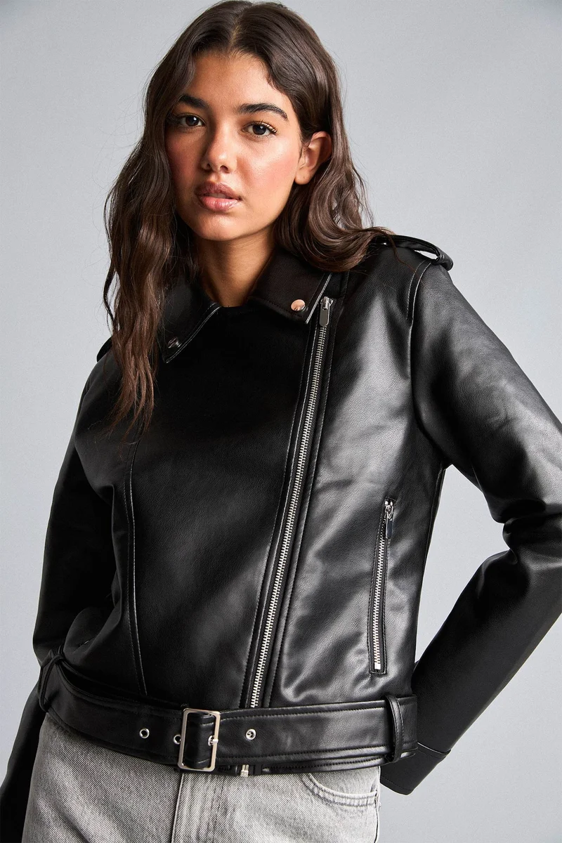 Regular Fit Faux Leather Faux Leather Jacket
