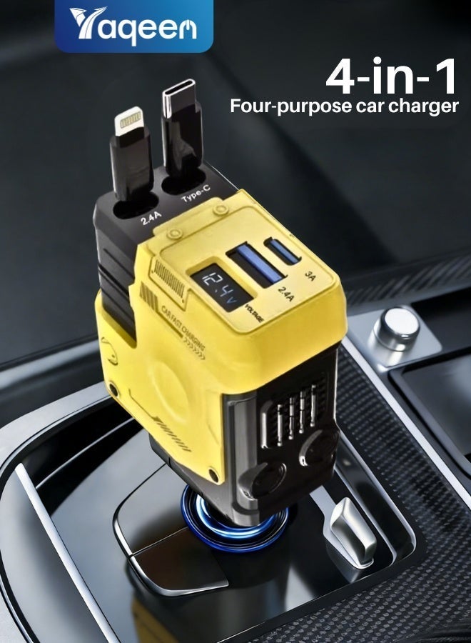 Yaqeen 4-in-1 Car charge with Dual Retractable Cable, Dual Port USB C PD Fast chaging Car Adapter Car Cigarette Lighter Adapter with Voltage Display, Car Charger Fast Compatible with iPhone 8-17, iPad, Samsung - Image 1