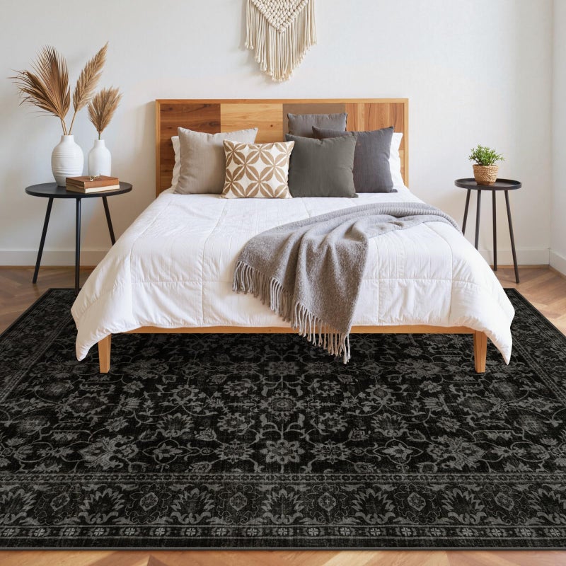LIVEBOX Washable Area Rug 8x10 - Large Black Boho Living Room Rug Vintage Rugs for Bedroom, Non-Slip Retro Floral Carpet Print Distressed Accent Rugs for Dining Room Home Office - Image 3
