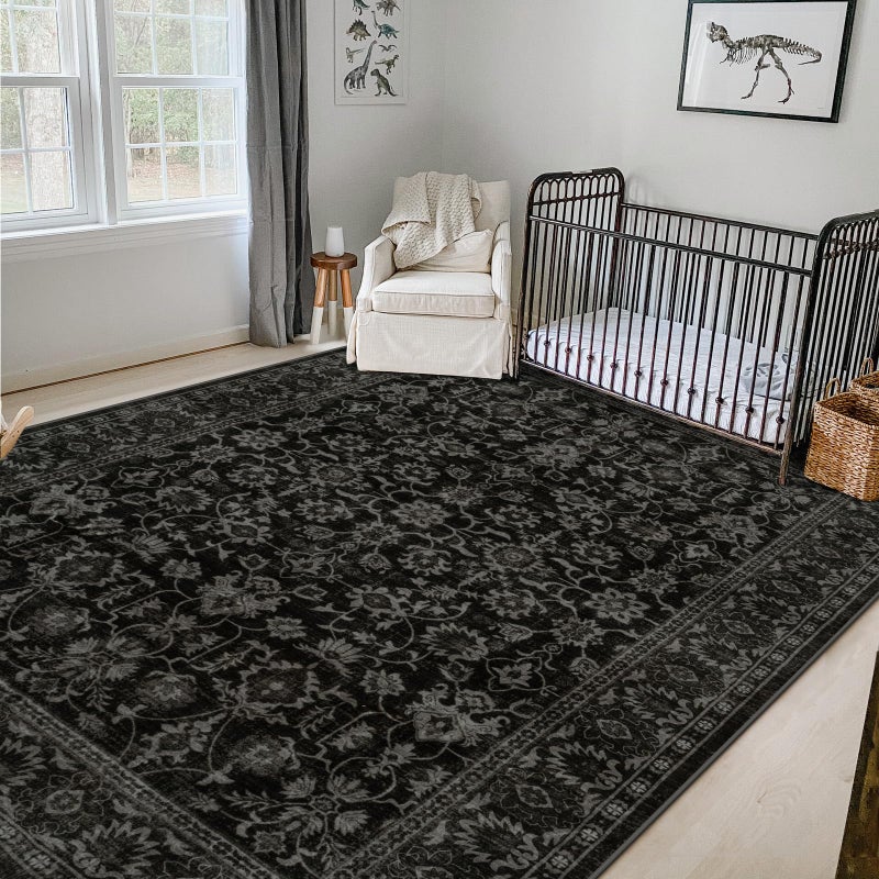 LIVEBOX Washable Area Rug 8x10 - Large Black Boho Living Room Rug Vintage Rugs for Bedroom, Non-Slip Retro Floral Carpet Print Distressed Accent Rugs for Dining Room Home Office - Image 1