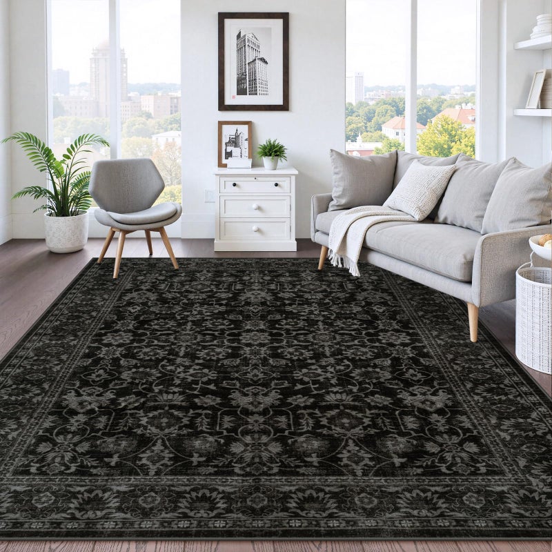 LIVEBOX Washable Area Rug 8x10 - Large Black Boho Living Room Rug Vintage Rugs for Bedroom, Non-Slip Retro Floral Carpet Print Distressed Accent Rugs for Dining Room Home Office - Image 2