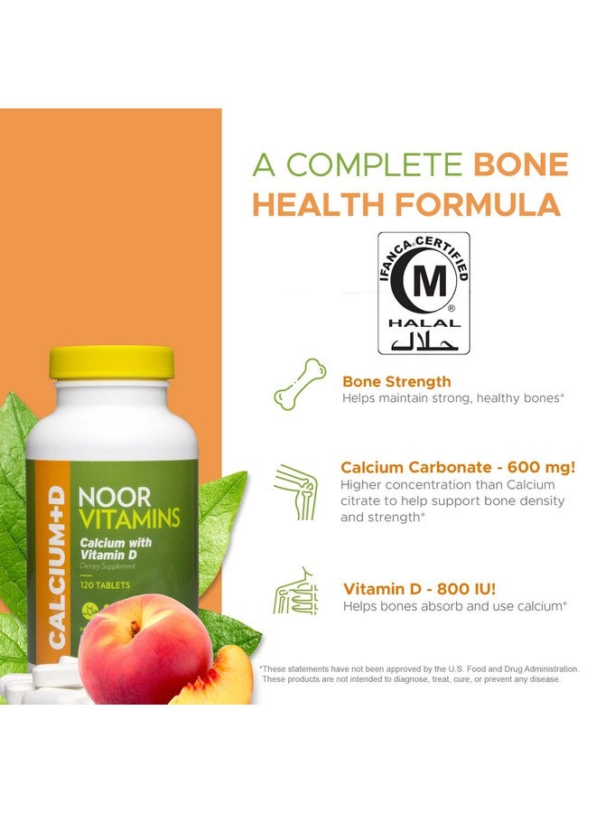 Noor Vitamins Halal Calcium Plus Vitamin D Bone & Immune Support ; 600 Mg Calcium Carbonate & 800 Iu (20 Mcg) D2 Per Tablet ; Aids In Absorption Of Calcium Into Bones Nongmo Vegan & Halal (120 Tablets) - Image 4