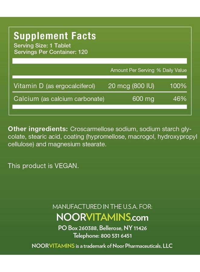 Noor Vitamins Halal Calcium Plus Vitamin D Bone & Immune Support ; 600 Mg Calcium Carbonate & 800 Iu (20 Mcg) D2 Per Tablet ; Aids In Absorption Of Calcium Into Bones Nongmo Vegan & Halal (120 Tablets) - Image 3