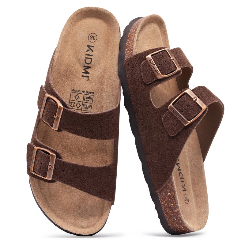 KIDMI Unisex Genuine Suede Summer Sandals Arch Support Cork Footbed Slide Sandals with Double Adjustable Buckle for Women Men, Brown 39 - Image 1